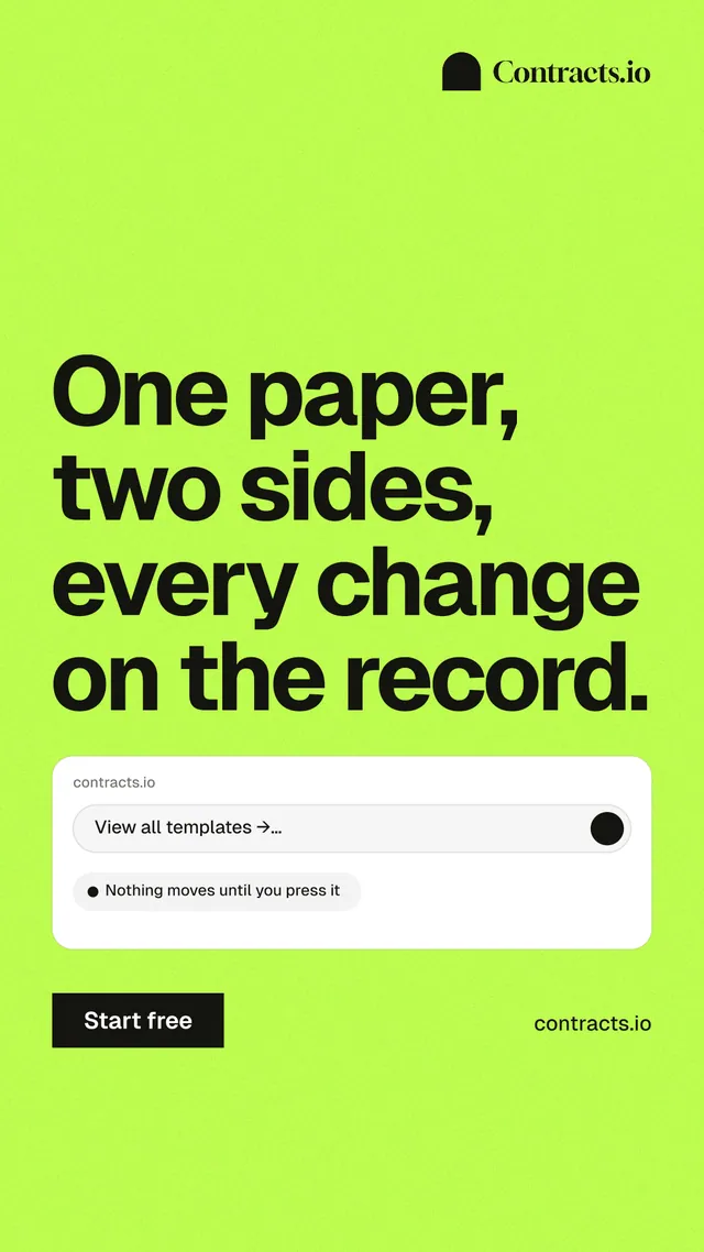 Instagram story for contracts.io: "One paper, two sides, every change on the record." Swiss style, poster layout, light palette in green.