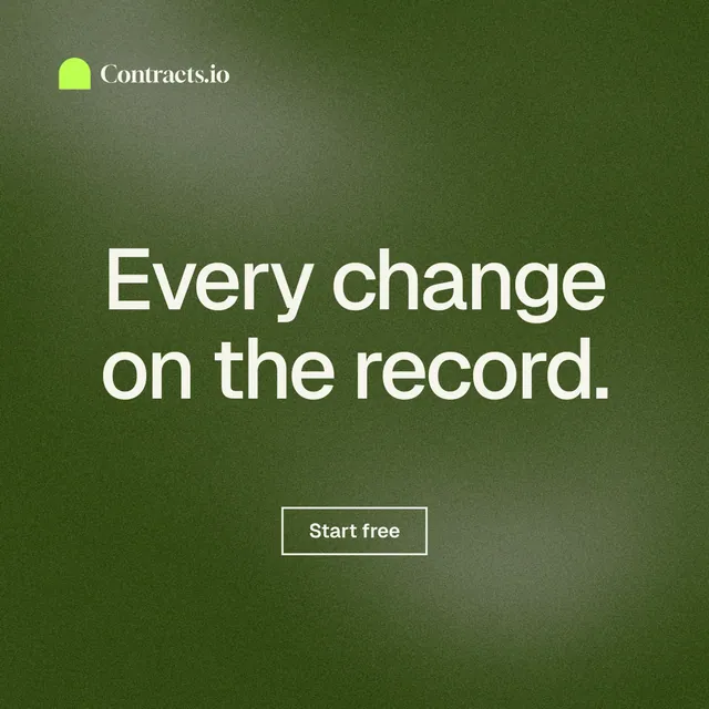 Instagram post for contracts.io: "Every change on the record." Cyanotype style, centred layout, dark palette in green, grey.