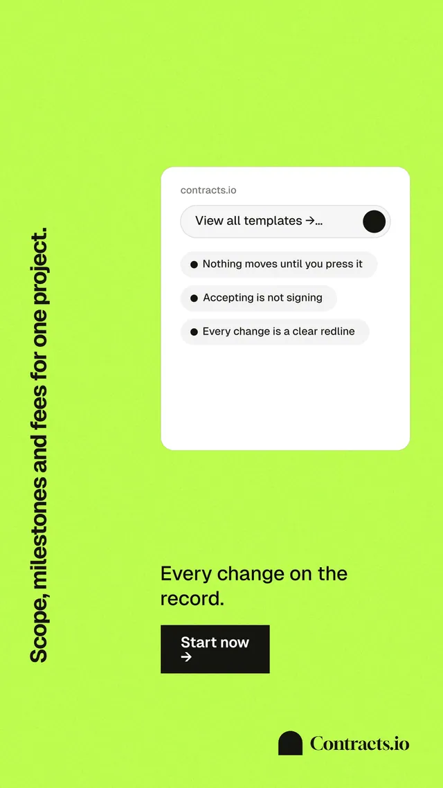 Instagram story for contracts.io: "Scope, milestones and fees for one project." Swiss style, vertical layout, light palette in green.
