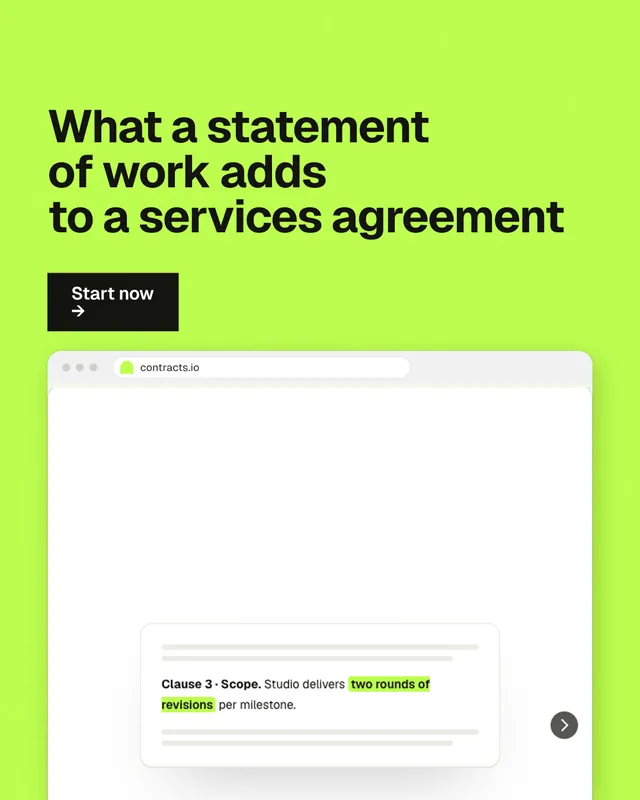 Instagram portrait post for contracts.io: "What a statement of work adds to a services agreement". Swiss style, browser layout, light palette in white, green.