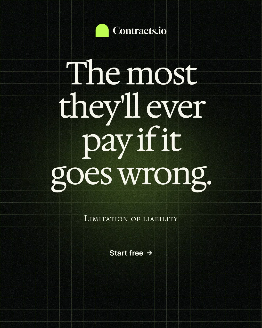 Instagram portrait post for contracts.io: "The most they'll ever pay if it goes wrong." Phosphor atlas style, smallcaps layout, dark palette in black, grey.