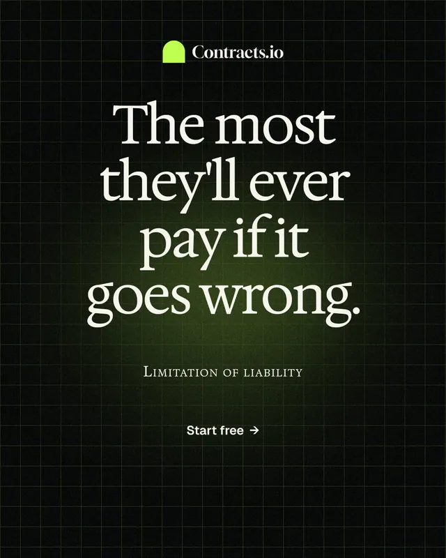 Instagram portrait post for contracts.io: "The most they'll ever pay if it goes wrong." Phosphor atlas style, smallcaps layout, dark palette in black, grey.