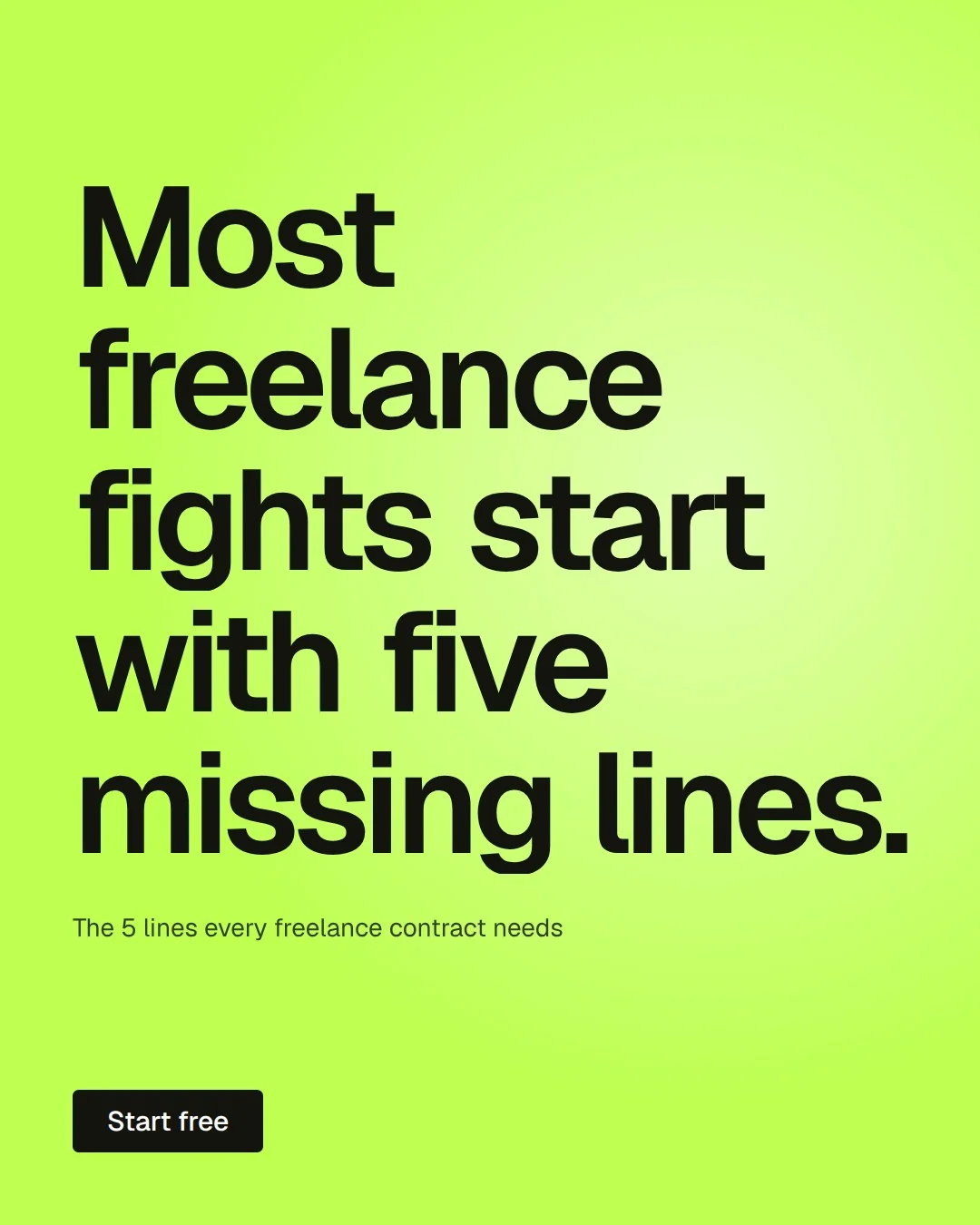 Video for contracts.io: "Most freelance fights start with five missing lines.". Kinetic type grid, 7.0 s, light palette.
