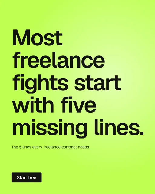Video for contracts.io: "Most freelance fights start with five missing lines.". Kinetic type grid, 7.0 s, light palette.