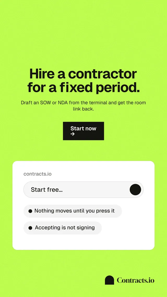 Instagram story for contracts.io: "Hire a contractor for a fixed period." Swiss style, centred layout, light palette in green.