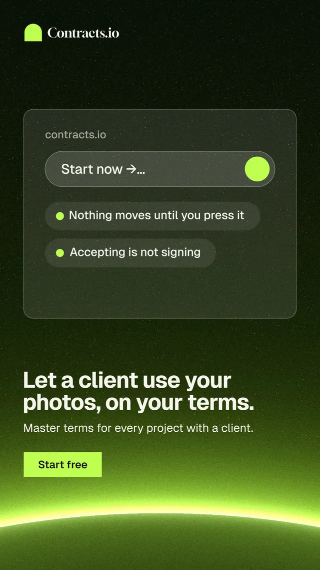 Instagram story for contracts.io: "Let a client use your photos, on your terms." Swiss style, bottom layout, dark palette in green, black.