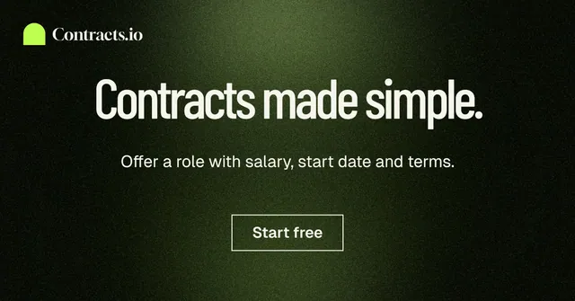 Social ad for contracts.io: "Contracts made simple." Dark deco style, centred layout, dark palette in black, grey.
