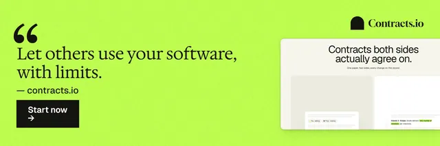 X header for contracts.io: "Let others use your software, with limits." Swiss style, quote layout, light palette in green.