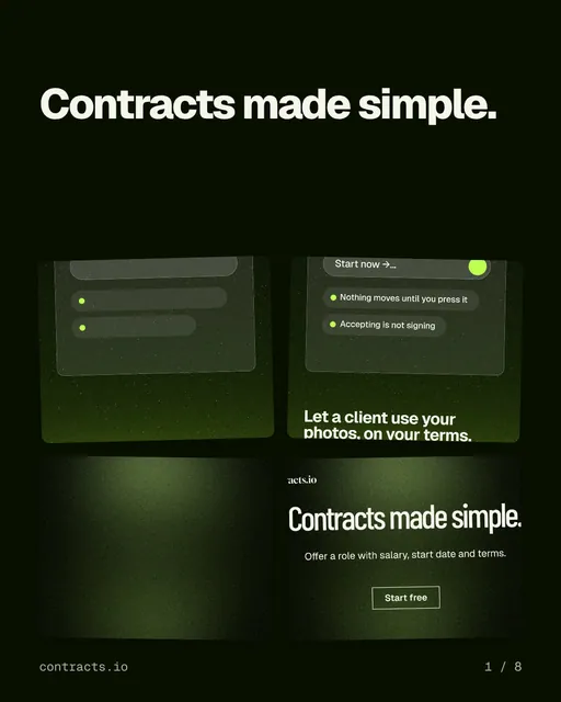 Carousel for contracts.io: "Contracts made simple.". Collection carousel, 8 slides, dark palette.