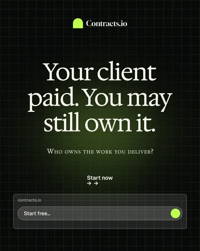 Instagram portrait post for contracts.io: "Your client paid. You may still own it." Phosphor atlas style, smallcaps layout, dark palette in black, grey.