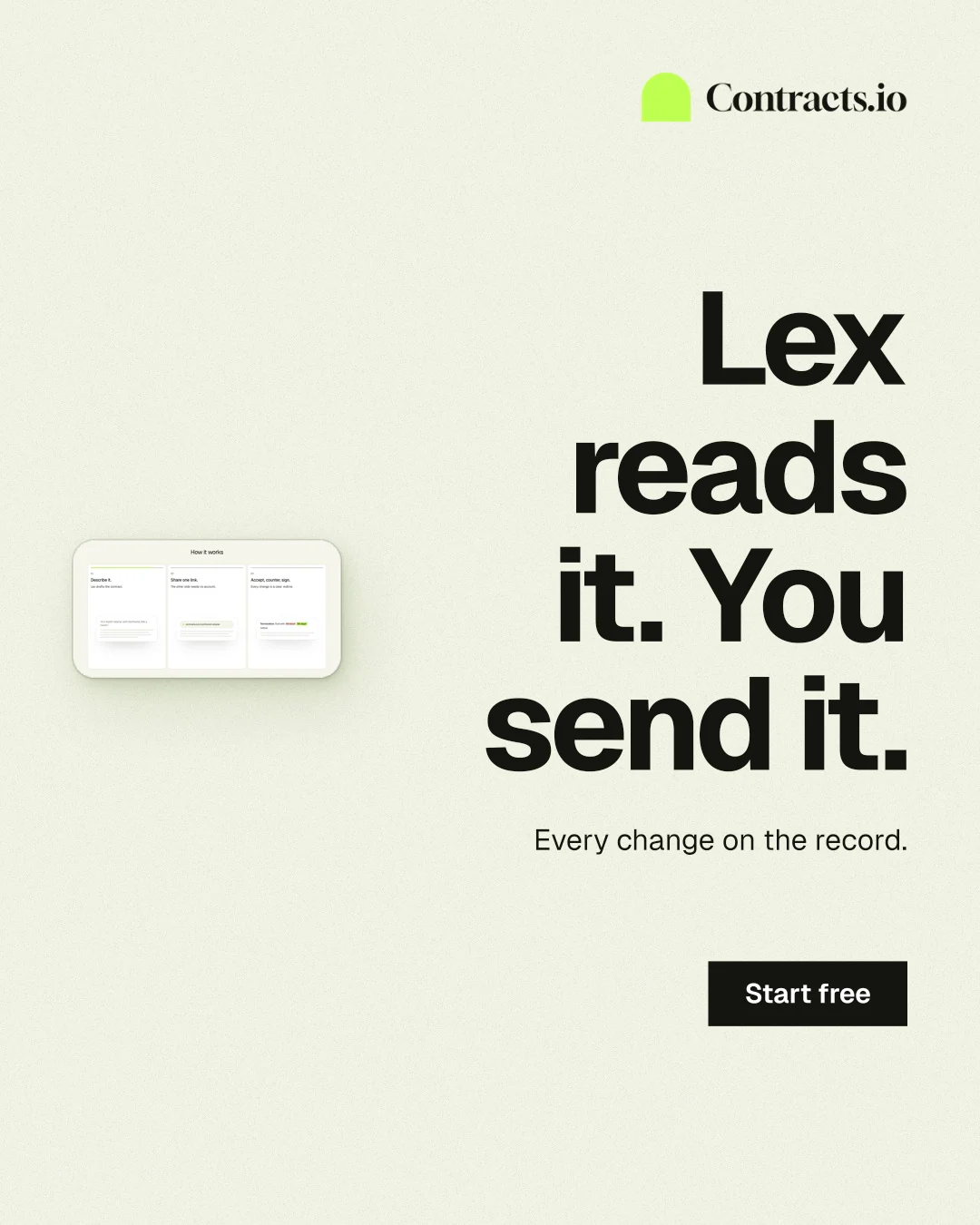 Instagram portrait post for contracts.io: "Lex reads it. You send it." Swiss style, right layout, light palette in white, grey.