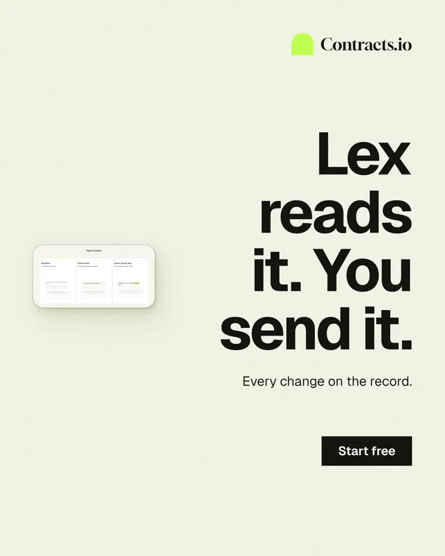 Instagram portrait post for contracts.io: "Lex reads it. You send it." Swiss style, right layout, light palette in white, grey.