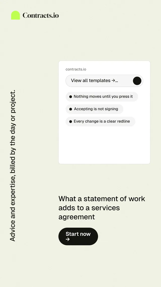 Instagram story for contracts.io: "Advice and expertise, billed by the day or project." Data card style, vertical layout, light palette in white.
