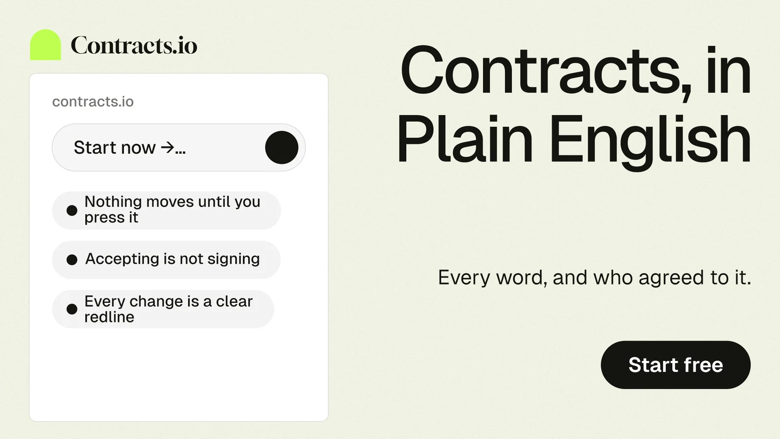 Landscape graphic for contracts.io: "Contracts, in Plain English". Data card style, right layout, light palette in white, grey.