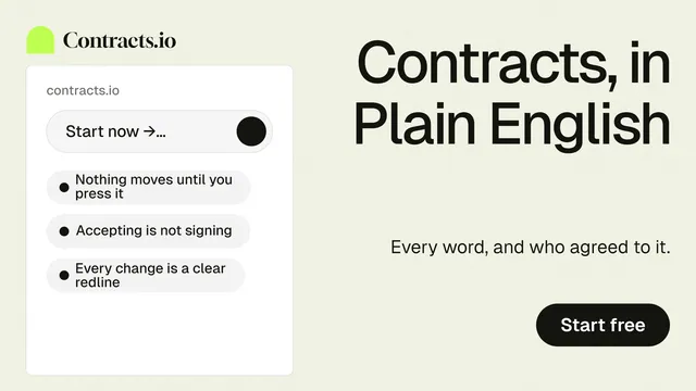 Landscape graphic for contracts.io: "Contracts, in Plain English". Data card style, right layout, light palette in white, grey.