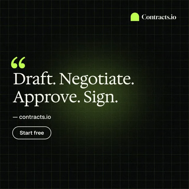 Instagram post for contracts.io: "Draft. Negotiate. Approve. Sign." Phosphor atlas style, quote layout, dark palette in black, green.