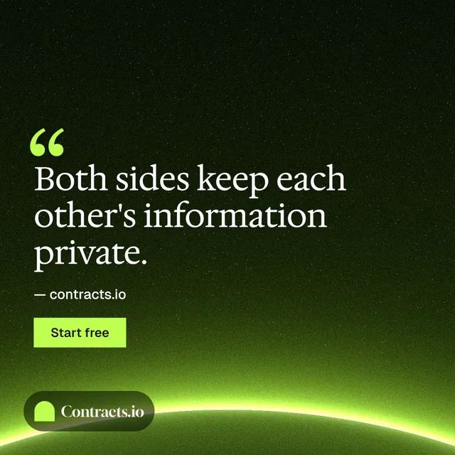 Instagram post for contracts.io: "Both sides keep each other's information private." Swiss style, quote layout, dark palette in green, black.
