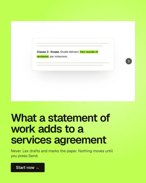 Video for contracts.io: "What a statement of work adds to a services agreement". Doc motion loop, 6.0 s, light palette.