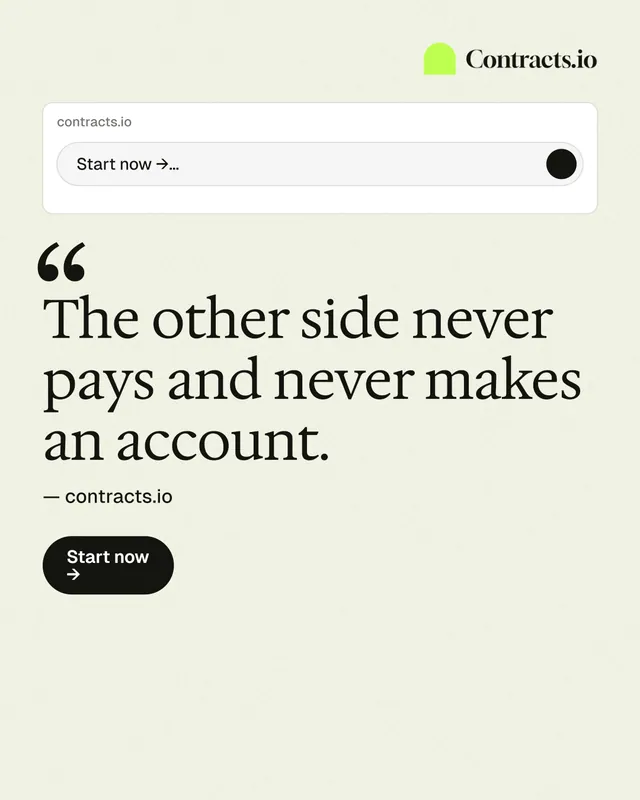 Instagram portrait post for contracts.io: "The other side never pays and never makes an account." Data card style, quote layout, light palette in white.