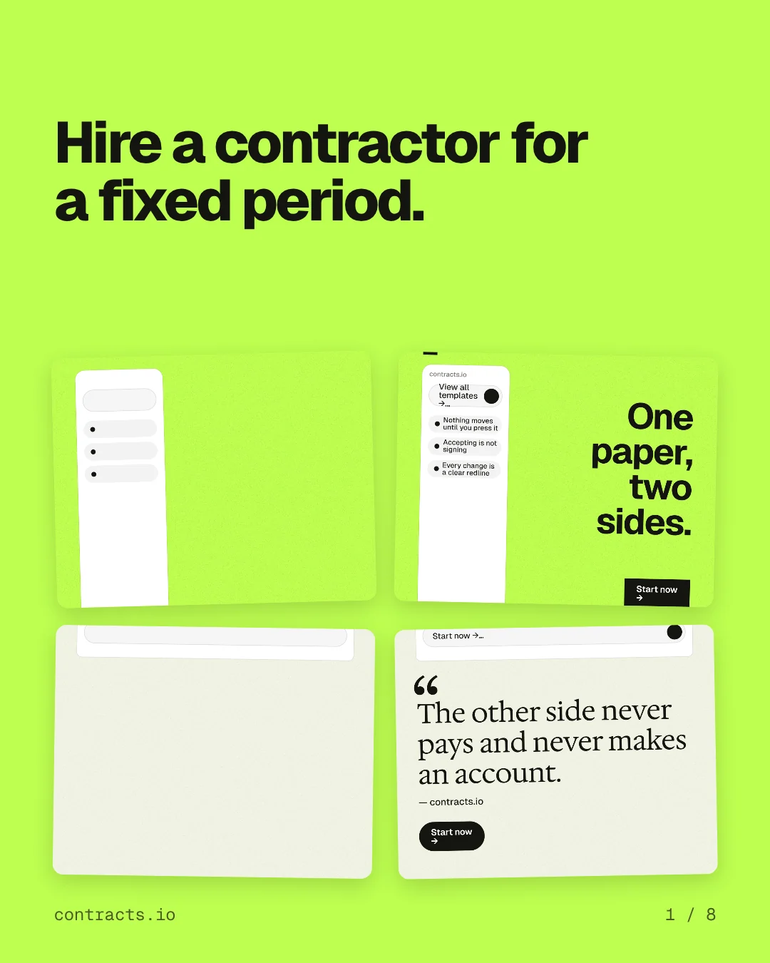 Carousel for contracts.io: "Hire a contractor for a fixed period.". Collection carousel, 8 slides, light palette.