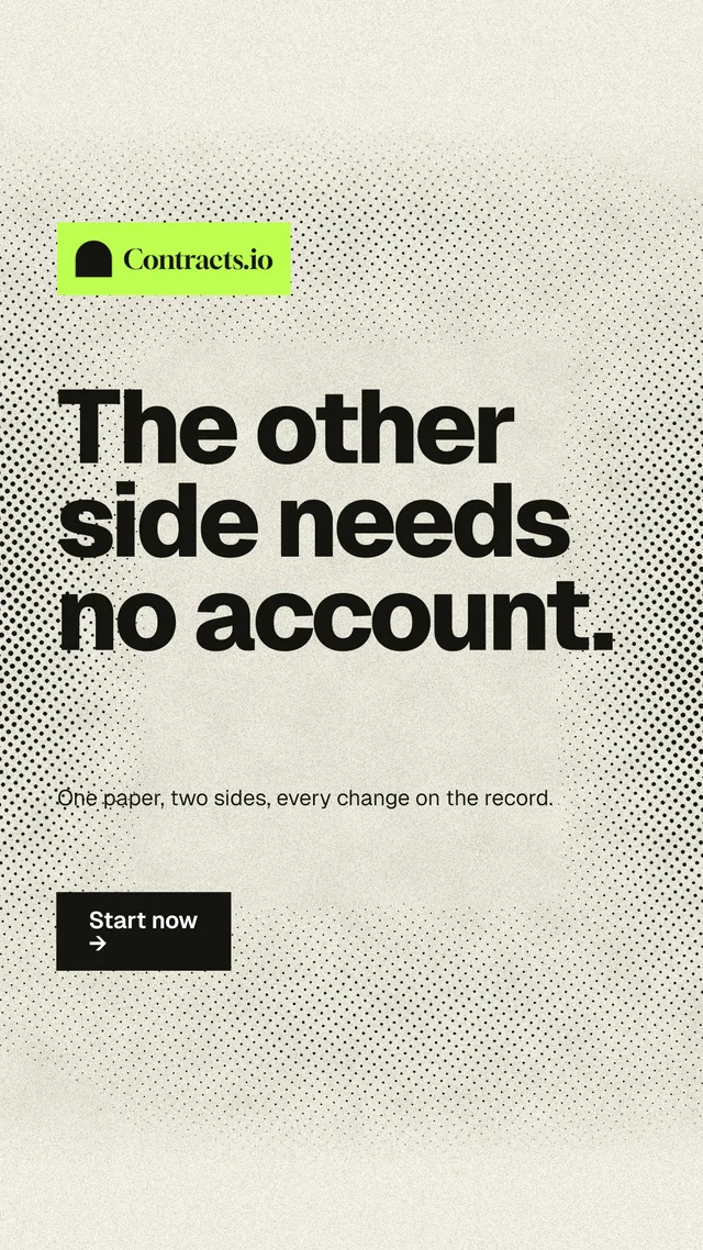 Instagram story for contracts.io: "The other side needs no account." Ink sticker style, announce layout, light palette in white, yellow, grey.