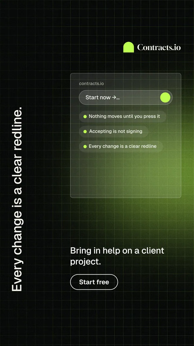 Instagram story for contracts.io: "Every change is a clear redline." Phosphor atlas style, vertical layout, dark palette in black, green.