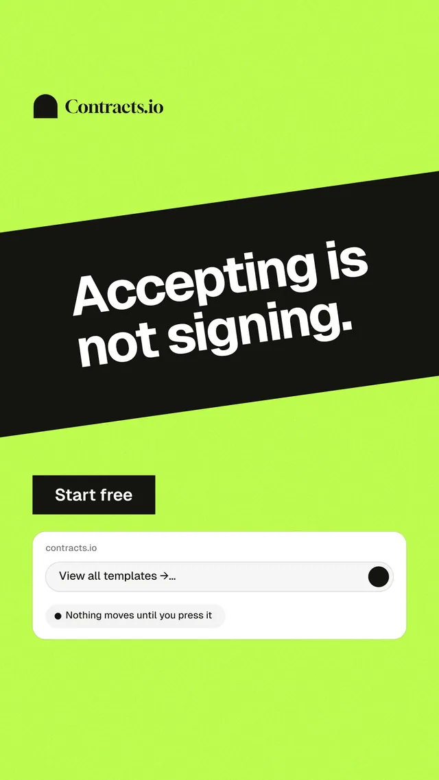 Instagram story for contracts.io: "Accepting is not signing." Swiss style, diagonal layout, light palette in green, grey.