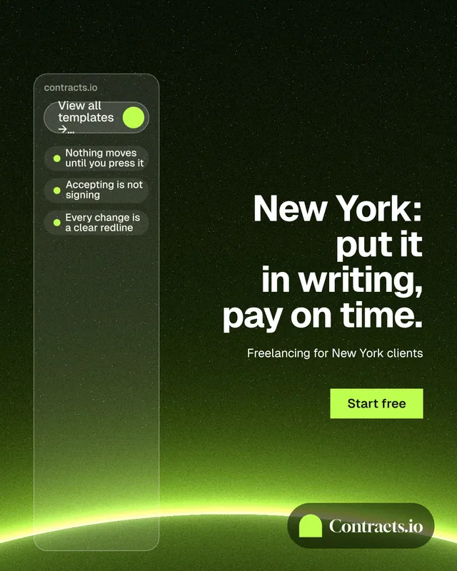 Instagram portrait post for contracts.io: "New York: put it in writing, pay on time." Swiss style, right layout, dark palette in green, black.