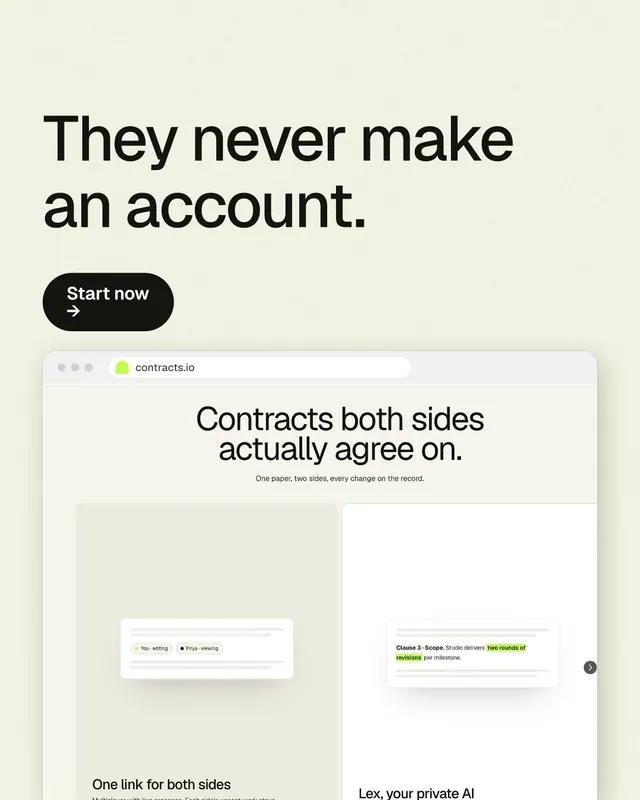 Instagram portrait post for contracts.io: "They never make an account." Data card style, browser layout, light palette in white, yellow, grey.