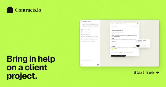 Social ad for contracts.io: "Bring in help on a client project." Swiss style, image led layout, light palette in green.