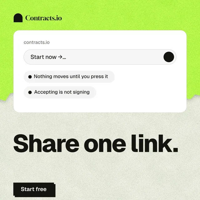 Instagram post for contracts.io: "Share one link." Paper trio style, bottom layout, light palette in white, green, grey.