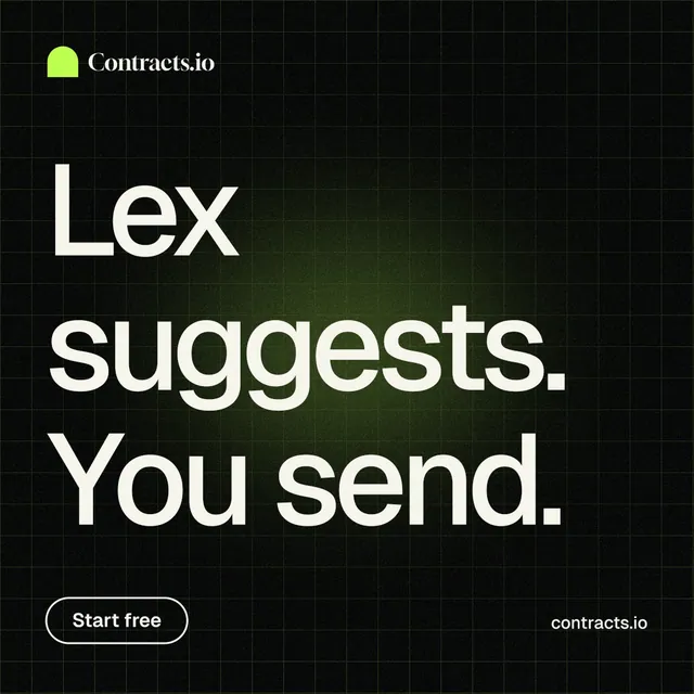 Instagram post for contracts.io: "Lex suggests. You send." Phosphor atlas style, poster layout, dark palette in black, grey.