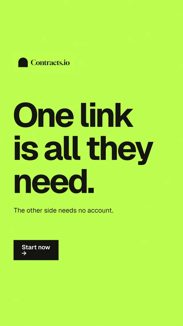 Instagram story for contracts.io: "One link is all they need." Swiss style, announce layout, light palette in green.