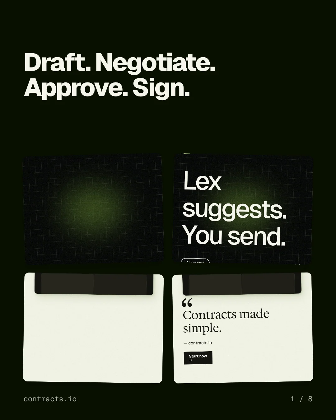 Carousel for contracts.io: "Draft. Negotiate. Approve. Sign.". Collection carousel, 8 slides, dark palette.