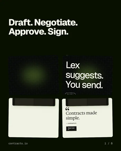 Carousel for contracts.io: "Draft. Negotiate. Approve. Sign.". Collection carousel, 8 slides, dark palette.