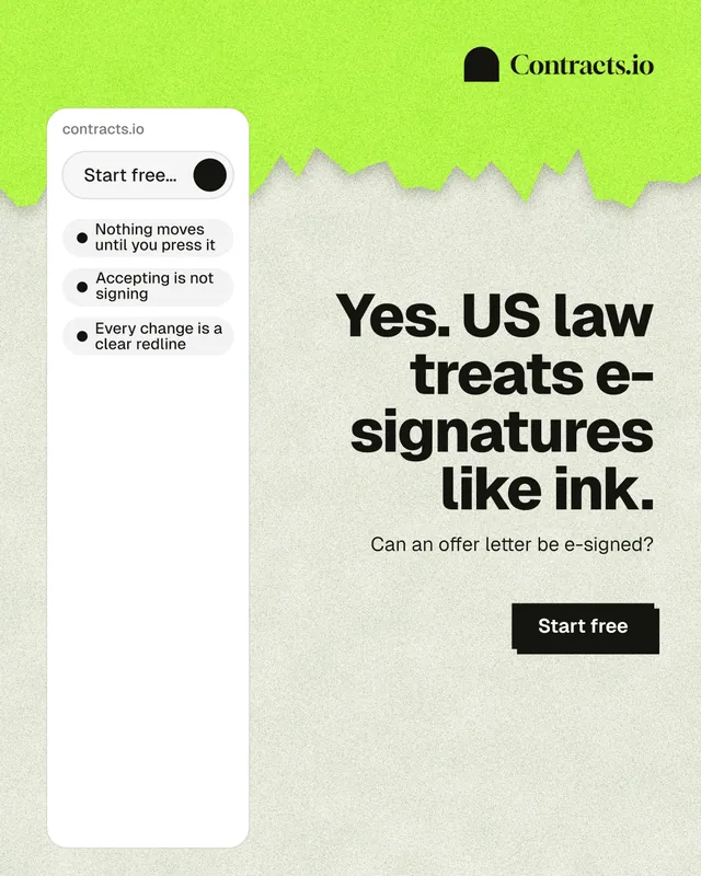 Instagram portrait post for contracts.io: "Yes. US law treats e-signatures like ink." Paper trio style, right layout, light palette in green, white, grey.