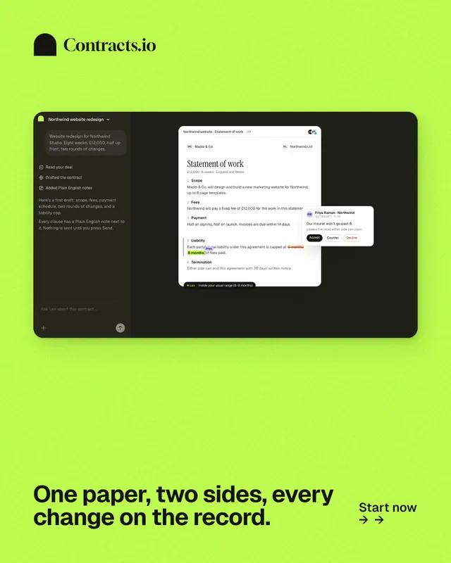 Instagram portrait post for contracts.io: "One paper, two sides, every change on the record." Swiss style, image led layout, light palette in green, black.