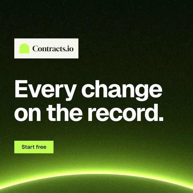 Instagram post for contracts.io: "Every change on the record." Swiss style, announce layout, dark palette in green, black.