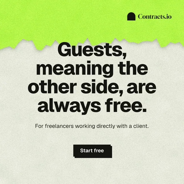 Instagram post for contracts.io: "Guests, meaning the other side, are always free." Paper trio style, centred layout, light palette in green, grey.