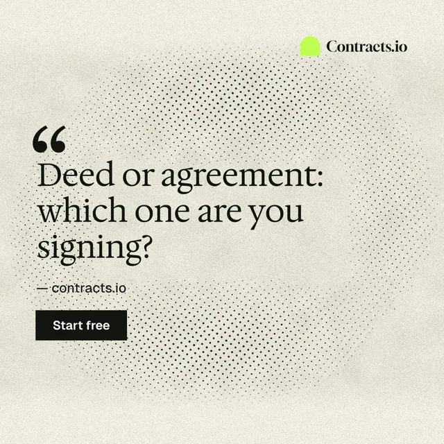 Instagram post for contracts.io: "Deed or agreement: which one are you signing?" Ink sticker style, quote layout, light palette in yellow, grey.