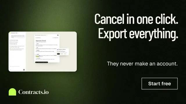 Landscape graphic for contracts.io: "Cancel in one click. Export everything." Dark deco style, right layout, dark palette in green, black, grey.