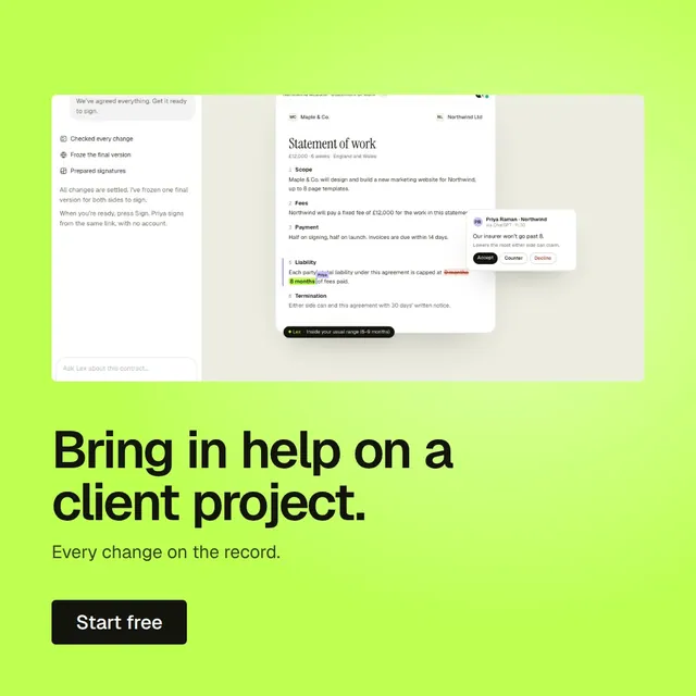 Video for contracts.io: "Bring in help on a client project.". Doc motion loop, 6.0 s, light palette.