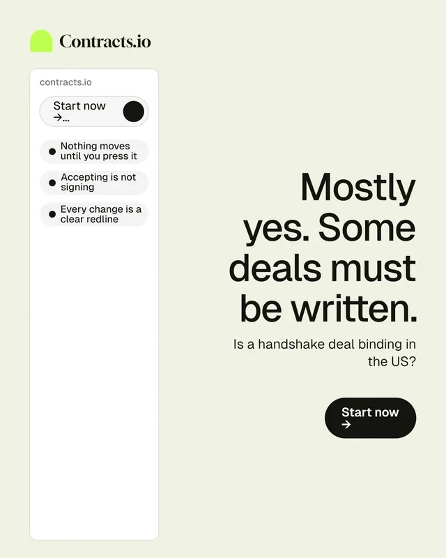 Instagram portrait post for contracts.io: "Mostly yes. Some deals must be written." Data card style, right layout, light palette in white, grey.