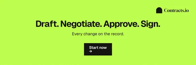 X header for contracts.io: "Draft. Negotiate. Approve. Sign." Swiss style, centred layout, light palette in green.