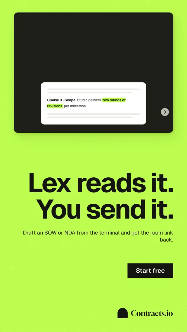 Instagram story for contracts.io: "Lex reads it. You send it." Swiss style, right layout, light palette in green, black.