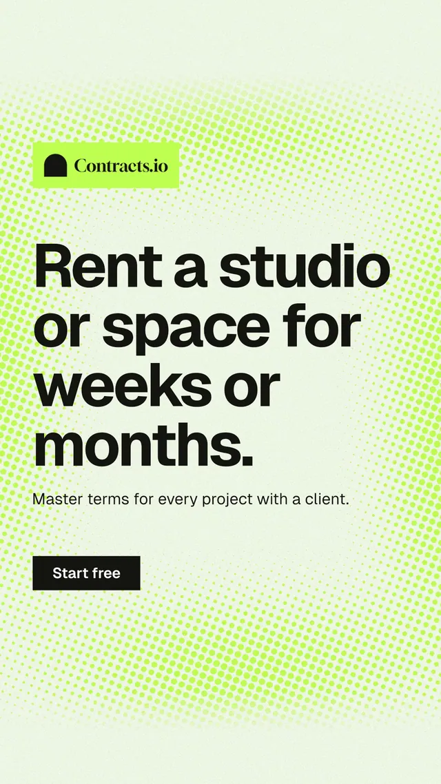 Instagram story for contracts.io: "Rent a studio or space for weeks or months." Swiss style, announce layout, light palette in white, green, grey.