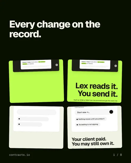 Carousel for contracts.io: "Every change on the record.". Collection carousel, 8 slides, dark palette.