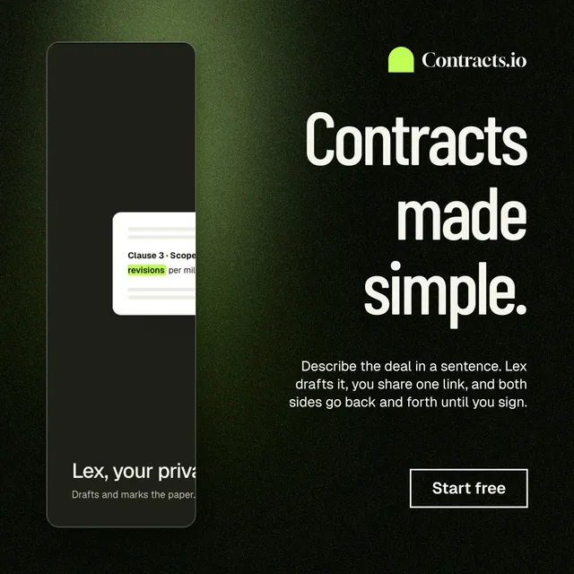 Instagram post for contracts.io: "Contracts made simple." Dark deco style, right layout, dark palette in black, grey.