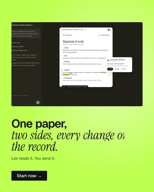 Video for contracts.io: "One paper, two sides, every change on the record.". Doc motion loop, 8.0 s, light palette.