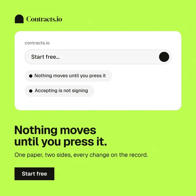 Instagram post for contracts.io: "Nothing moves until you press it." Swiss style, bottom layout, light palette in white, green.